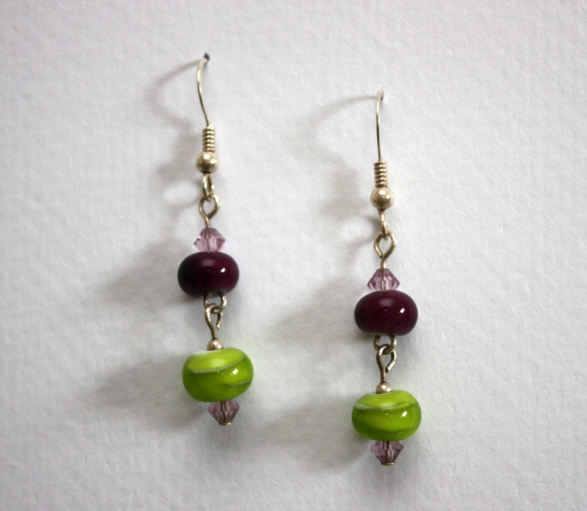 Handmade Lampworked Glass Beaded Sterling Earrings Purple & Green with Swarovski Crystals