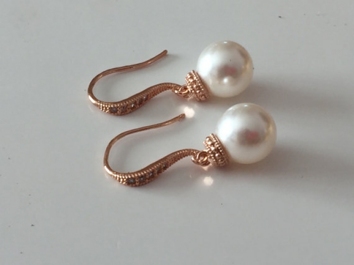 Rose Gold Pearl Earrings Wedding Jewelry Dangle Earrings Bridesmaid Jewelry Ivory Pearl Earrings