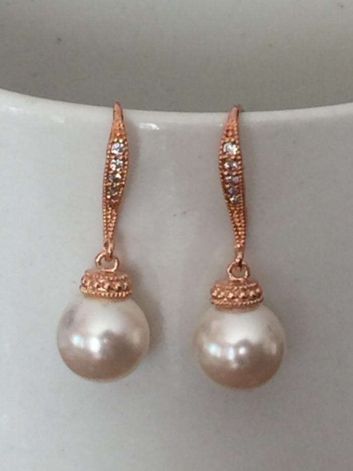 Rose Gold Pearl Earrings Wedding Jewelry Dangle Earrings Bridesmaid Jewelry Ivory Pearl Earrings