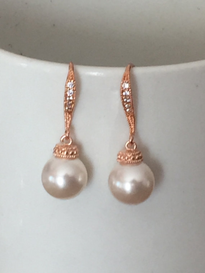Rose Gold Pearl Earrings Wedding Jewelry Dangle Earrings Bridesmaid Jewelry Ivory Pearl Earrings