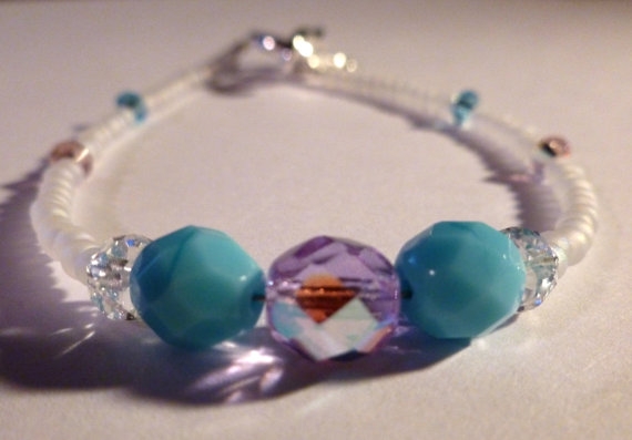 Turquoise Blue & Iridescent Violet Purple Czech Glass Crystal Bridal Bracelet