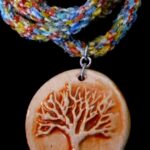 Beachy & Fun Handmade Pottery Tree Pendant on Rainbow Braid