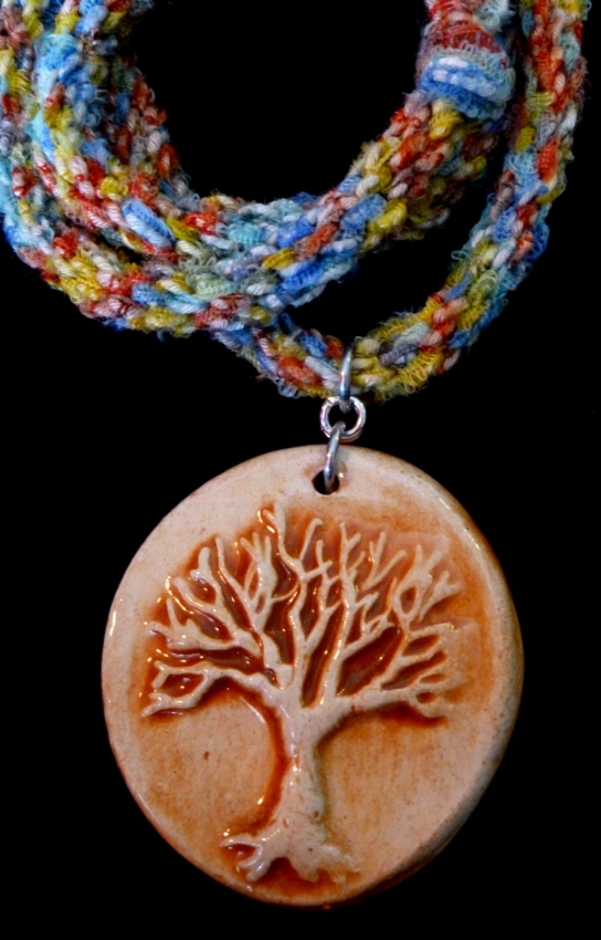 Beachy & Fun Handmade Pottery Tree Pendant on Rainbow Braid