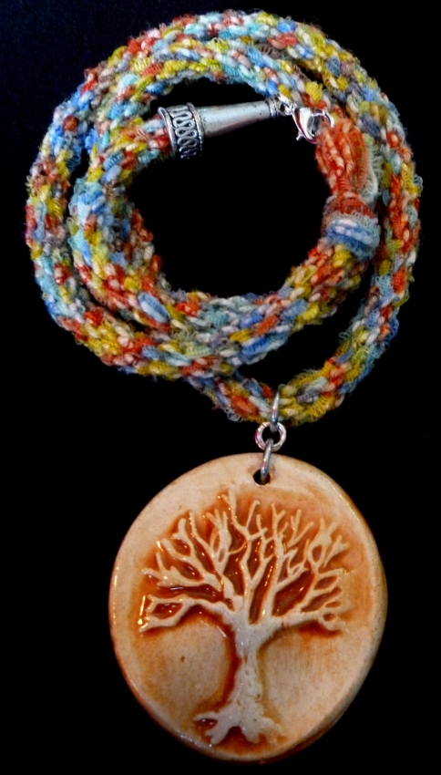 Beachy & Fun Handmade Pottery Tree Pendant on Rainbow Braid