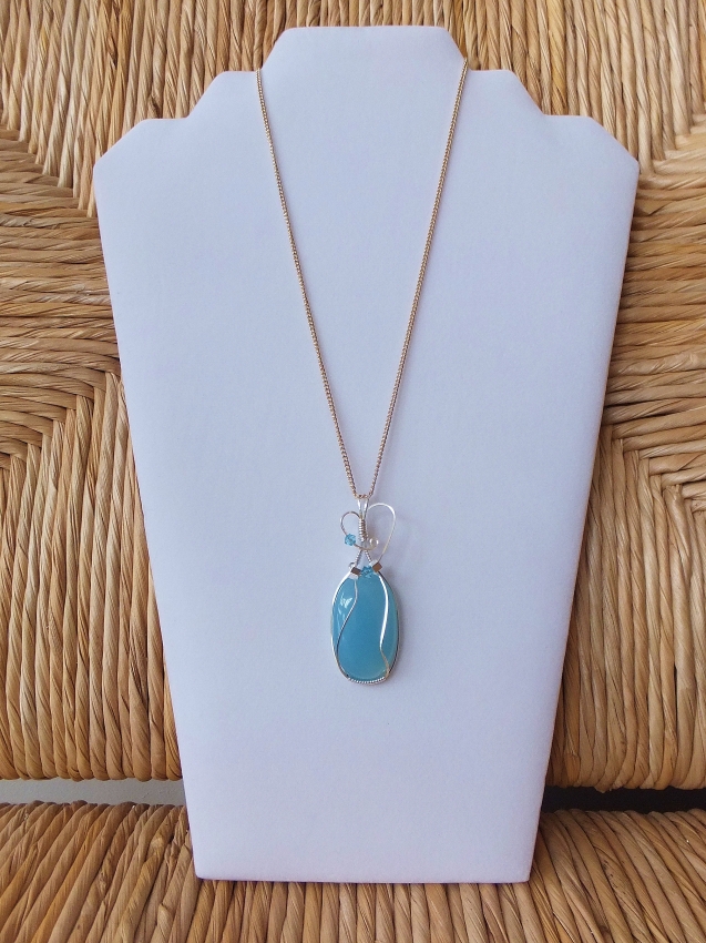 SOLD Wire Wrapped Blue Chalcedony Pendant Necklace