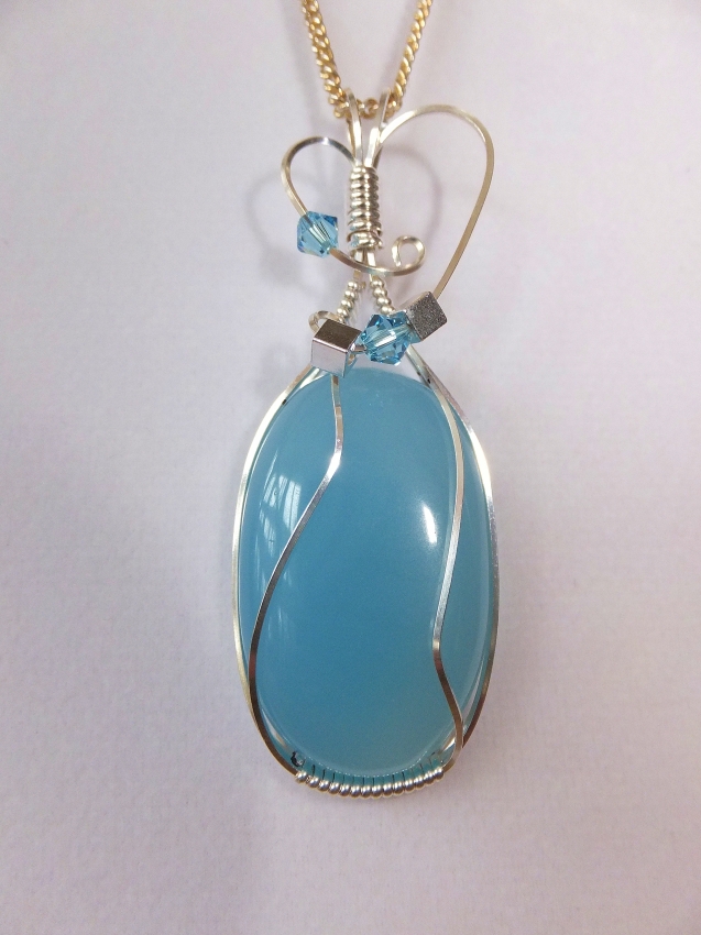 SOLD Wire Wrapped Blue Chalcedony Pendant Necklace